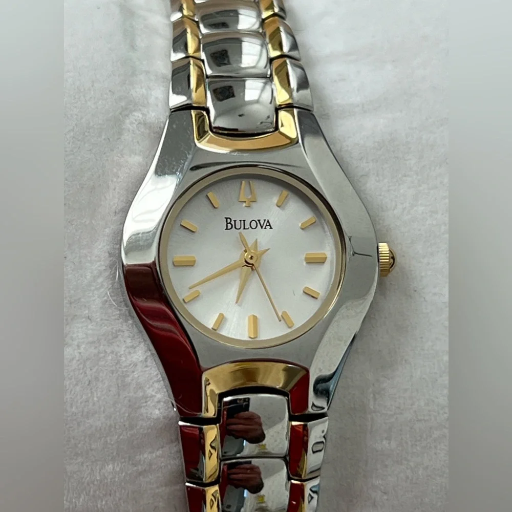 Bulova Ladies New in Box Watch Two-Tone Bracelet White Dial Gold Markers
